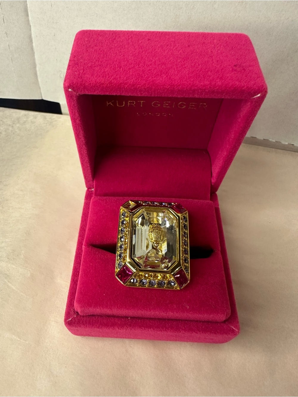 Kurt Geiger Gold Tone Yellow Crystal Cocktail Ring